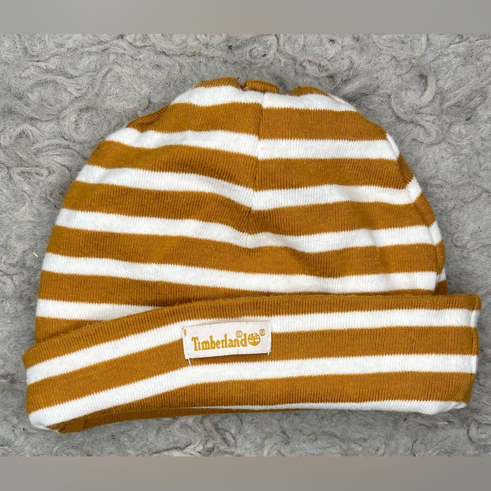 Timberland Striped Knit Hat Brown and White